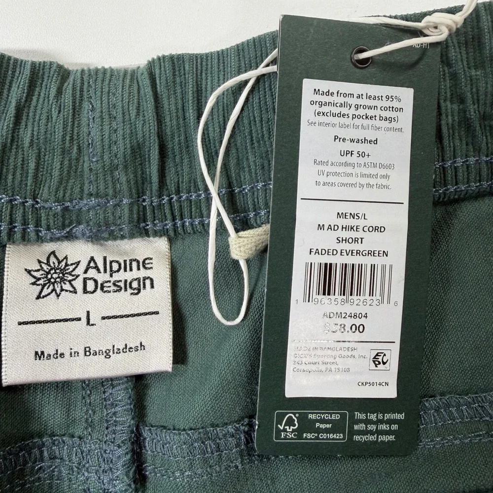 Alpine Design Hike Cord Short Mens Large Faded Evergreen Corduroy Activewear